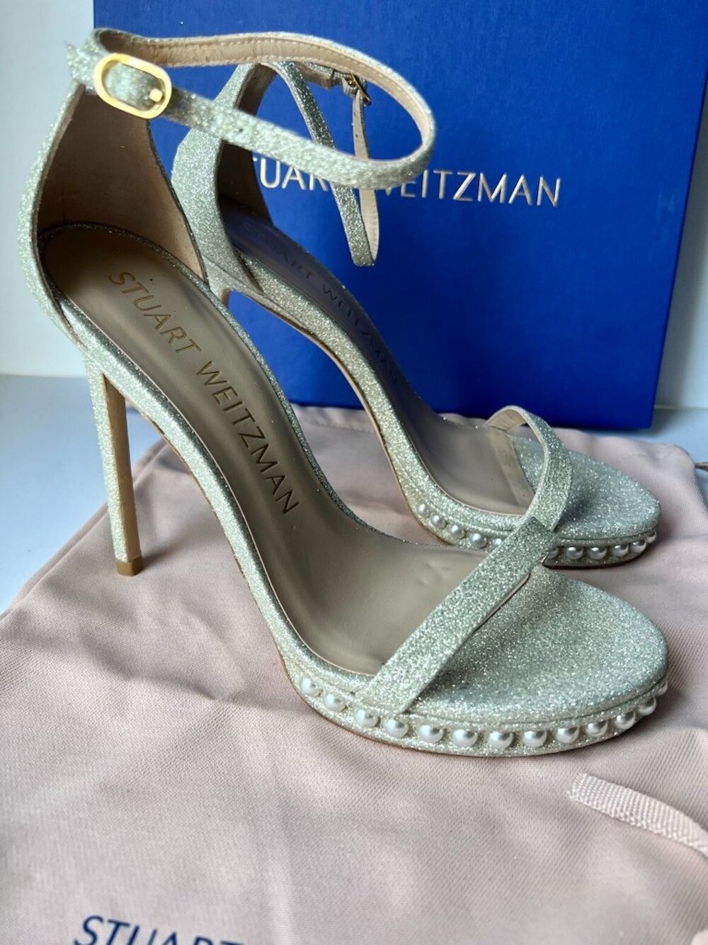 Stuart Weitzman Nudistdisco Pearl Sandal Glitter Platino Stiletto Heel